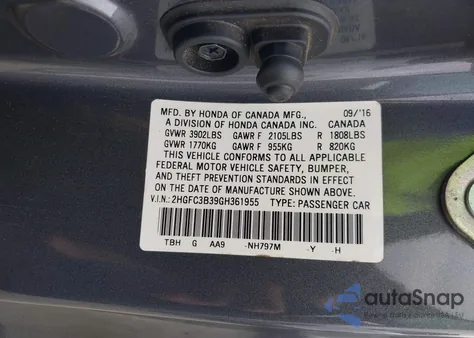 2016 Honda Civic Ex-T from USA, damaged, VIN 2HGFC3B39GH361955